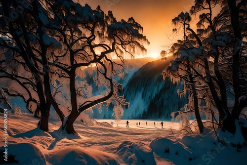 orange leaves and trees growing in the middle of the snow with sunset in the evening 