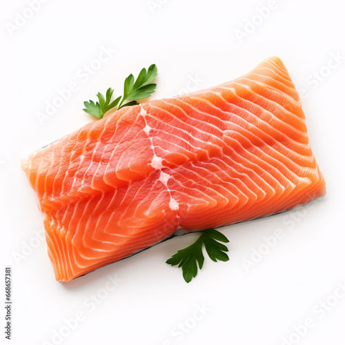Fresh raw salmon fillets with rosemary and lemon on white background, top view