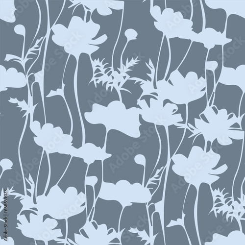 Meadow wild flowers silhouettes on a dark background. Vector seamless pattern. Elegant floral background for home textiles, interiors, linens, cotton fabric, scrap book, wrapping paper.