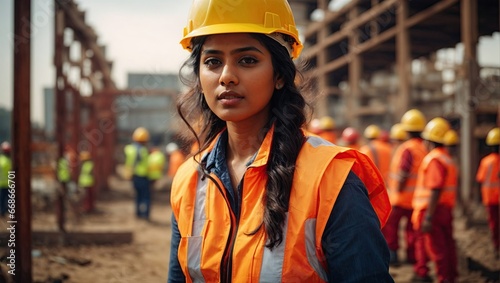 Indian woman wearing hard hat and high vis vest on contruction site