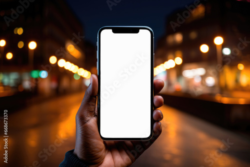 Smartphone with white blank screen mockup in a man's hand against the background of a night city with lights