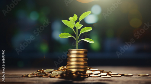 green plant growing from a stack of coins on a business table, representing the concept of sustainable financial growth, positive outcomes and good financial decisions 