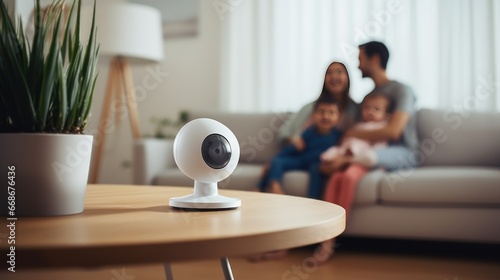 A close-up of a modern Wi-Fi security camera mounted on a white wall turns to a family sitting on a sofa in the blurred background