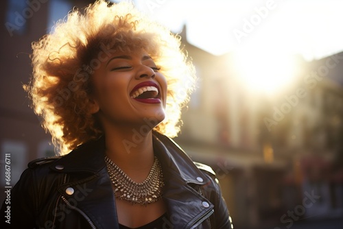 Modern punk subculture street fashion, beautiful laughing black woman in a black leather jacket