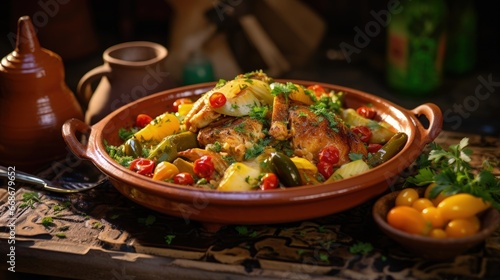 Moroccan tagine served chicken meat tajine local traditional dish recipe with ingredients learn how to cook cooking class book school in Marrakech Morocco