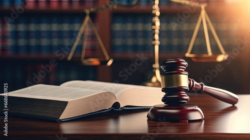 Law, legal judgement, legistration, litigation, court verdict, judicial system and civil right and social justice concept with judge gavel on law textbook in attorney law firm, lawyer business office
