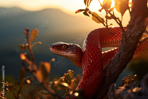 Cobra vermelha no galho de uma árvore sobre a luz do por do sol - Papel de parede 