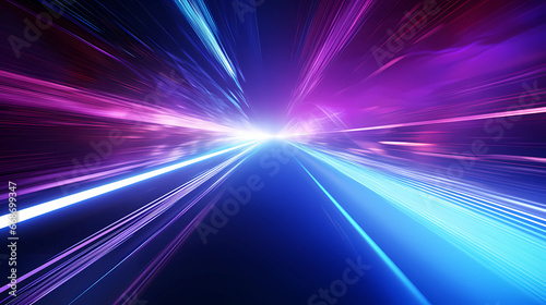 high speed technology concept background, light abstract background. Image of speed motion on the road. Abstract background in blue and purple neon glow colors