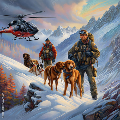 Illustration sauveteurs avec leurs chiens en haute montagne.