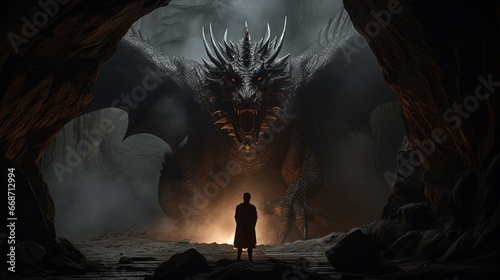 Man Confronting Roaring Dragon in Atmospheric Scene