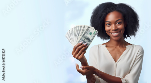¡Aquí está mi salario! Foto de primer plano de una joven con dinero en sus manos