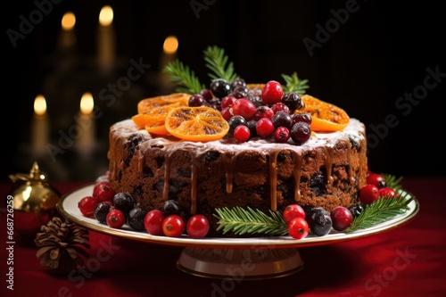 christmas fruit cake with berries and orange at xmas dinner table