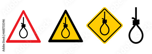 Attention, suicide prohibition sign. Gallows with rope noose. Stop gallows hanging, warning, attention icon. Psychological, help concept. Hangman-hazard symbol, death penalty, hangmans noose knot