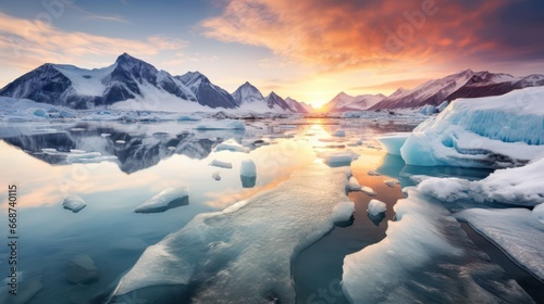 A snowy mountain landscape, glacier photograph of melting icebergs, producing drifting ice fragments that glisten beneath the splendid sunlight.