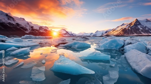 A stunning photograph of melting icebergs landscape, producing drifting ice fragments that glisten beneath the splendid sunlight.