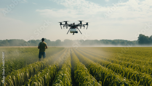 The sight of pesticides being sprayed by drones on a vast corn field.