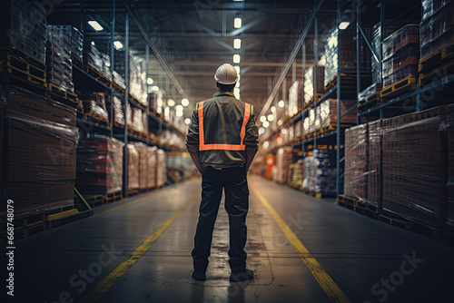 The worker stands full-length in the hall of a warehouse filled with goods, with his back to the camera. He is wearing a jacket with reflective strips and a white helmet on his head.