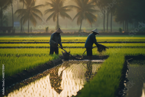 Asian farmers use the traditional method of planting rice. Farmers are engaged in farming and planting seedlings in green rice fields. Generative AI