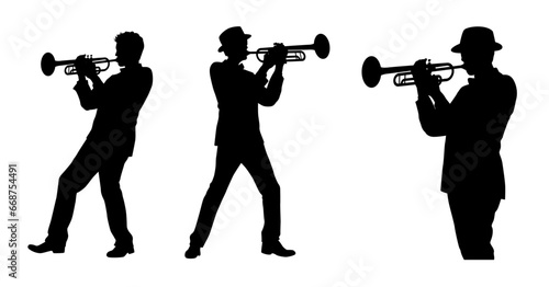 Man with trumpet silhouette, Trumpeter, Musician plays the trumpet jazz. Silhouette trumpeter on white background