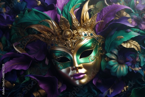 Happy Mardi Gras. Venetian or carnival mask in gold, purple and green colors, pattern for background or greeting card