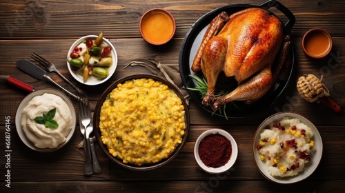 Top view of Traditional Thanksgiving turkey dinner. Stuffed turkey, mashed potatoes, corn bread, mashed potatoes, dressing, pie on dark wooden background.