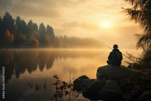 fisherman catches fish with a fishing rod against the backdrop of a beautiful landscape of a lake and forest.