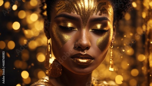 Portrait of an African-American woman with gold paint on her face, Afrofuturism, luxurious gold jewelry, warm glow of lights, photo with gold jewelry.