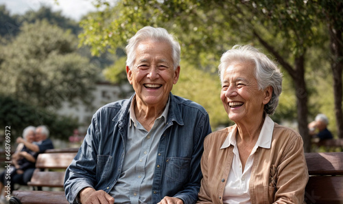 Happy elderly couple sitting on a bench in the park and laughing