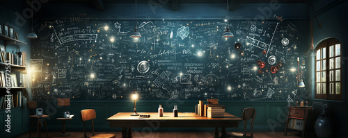 blackboard background and Maths formulas written by white chalk , an image with a blackboard background and mathematical equations written on it , a realistic texture and color resembling classroom