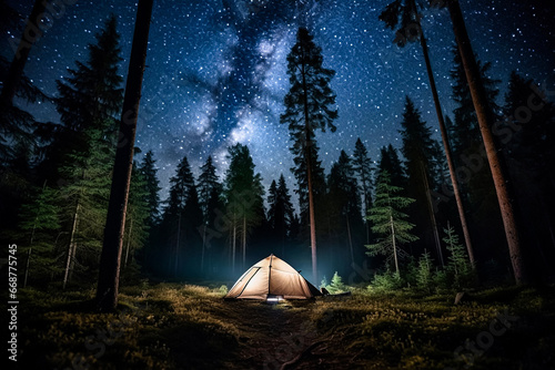 Natures Retreat A tent in the woods under a starry sky, an idyllic outdoor escape 3d illustration high quality