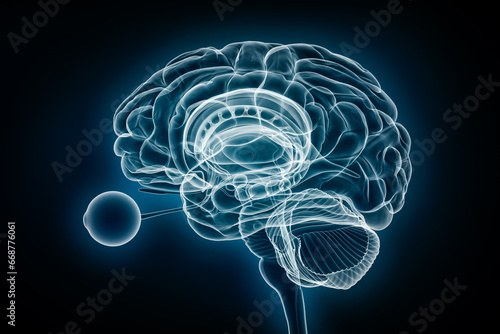 X-ray profile view of the full brain with eyes 3D rendering illustration. Human body and nervous system anatomy, medical, healthcare, biology, science, neuroscience, neurology concepts.