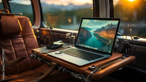 A mock-up of a laptop on a train, highlighting the convenience of mobile work and entertainment during travel.