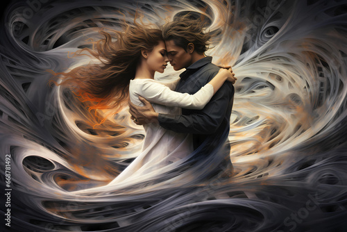 A man and woman deeply in love share an embrace within a swirling, twisting vortex, transcending the boundaries of the physical world as their intertwined spirits dance amidst a cosmic maelstrom