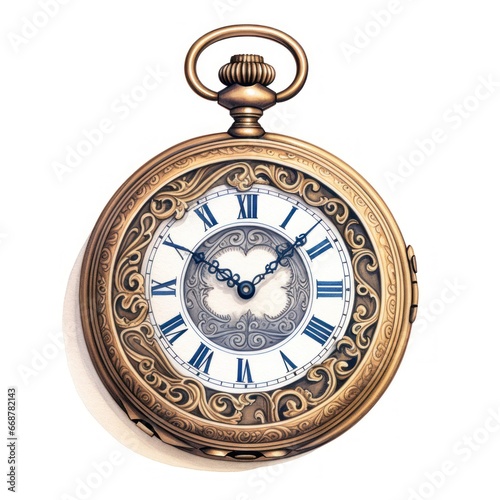 Antique pocket watch intricately engraved on white.
