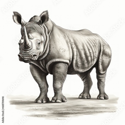 Vintage Engraving Style Illustration of Sumatran Rhinoceros on White Background, reminiscent of the 1800s