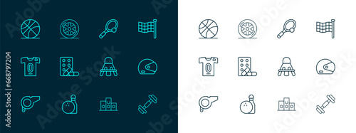 Set line Checkered flag, Bowling pin and ball, Badminton shuttlecock, Award over sports winner podium, Sports doping with dumbbell, Tennis racket, Basketball and Car wheel icon. Vector