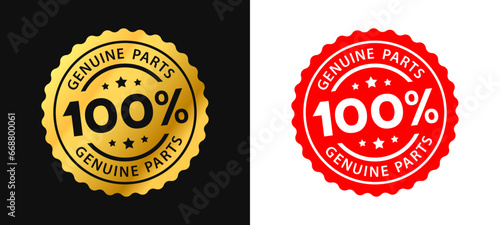 100 percent genuine parts text with circular red and gold stamp frame label. Vector Illustration 