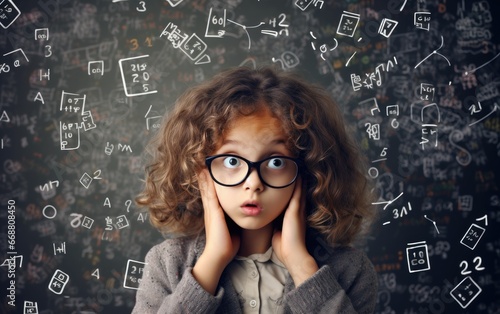 A Student child. A funny schoolgirl surrounded by numbers, equations, and math operations