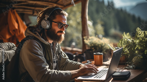 A bearded man in sunglasses works remotely while sitting in a cafe in the mountains. Digital nomad