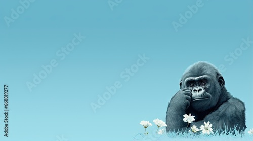  a gorilla sitting in the grass with flowers around it's neck. generative ai