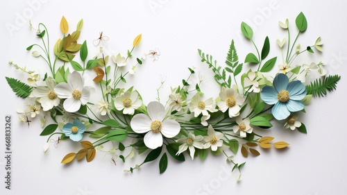 Floral wreath background, composition of delicate white flowers intertwined with each other.