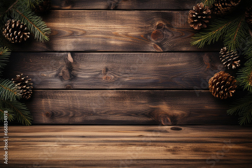 Christmas background with border from pine branches and decorations on dark wooden table