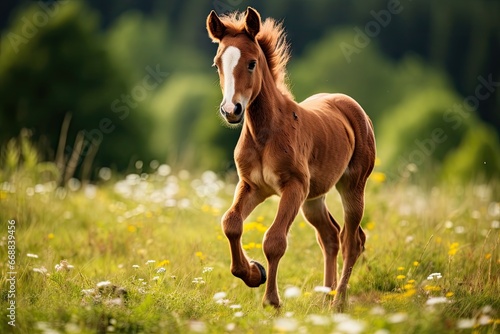  a foal running through a field of grass and wildflowers with a blurry background of the grass and wildflowers, and trees in the foreground. generative ai