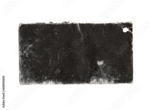 worn black label with frayed edges on transparent png background 