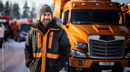 Portrait of a bearded man driver worker in a winter jacket standing in front of a big truck.