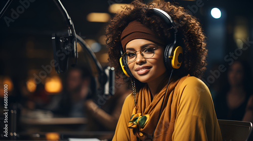African woman fashionably dressed in headphones with a microphone talks with listeners in a broadcast studio with copy space. Online consultations on social networks, training