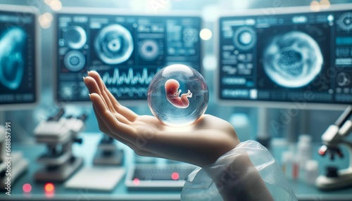 A person in front of a computer monitor holding a blue translucent water with an embryo in it