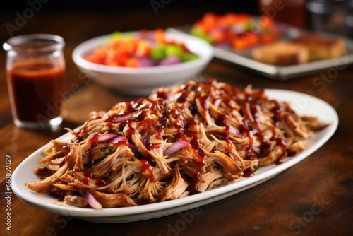 a serving platter with a pile of carolina pulled pork and a side of vinegar sauce