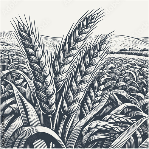Wheat ears in the field. Vintage woodcut engraving style hand drawn vector illustration.
