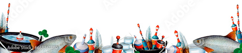 Watercolor drawing banner from various fishing bobblers, fish, buckets, clover leaves, fishing nets, fishing line, bait cans on white background. Angling gear for wallpapers, logo, banners, icon